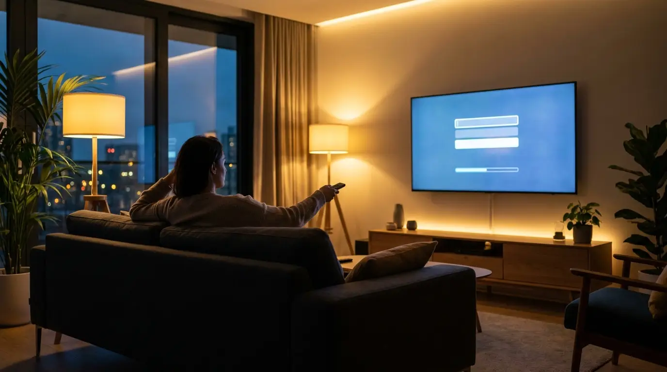 A hand pasting an M3U playlist link into an IPTV player on a smart TV