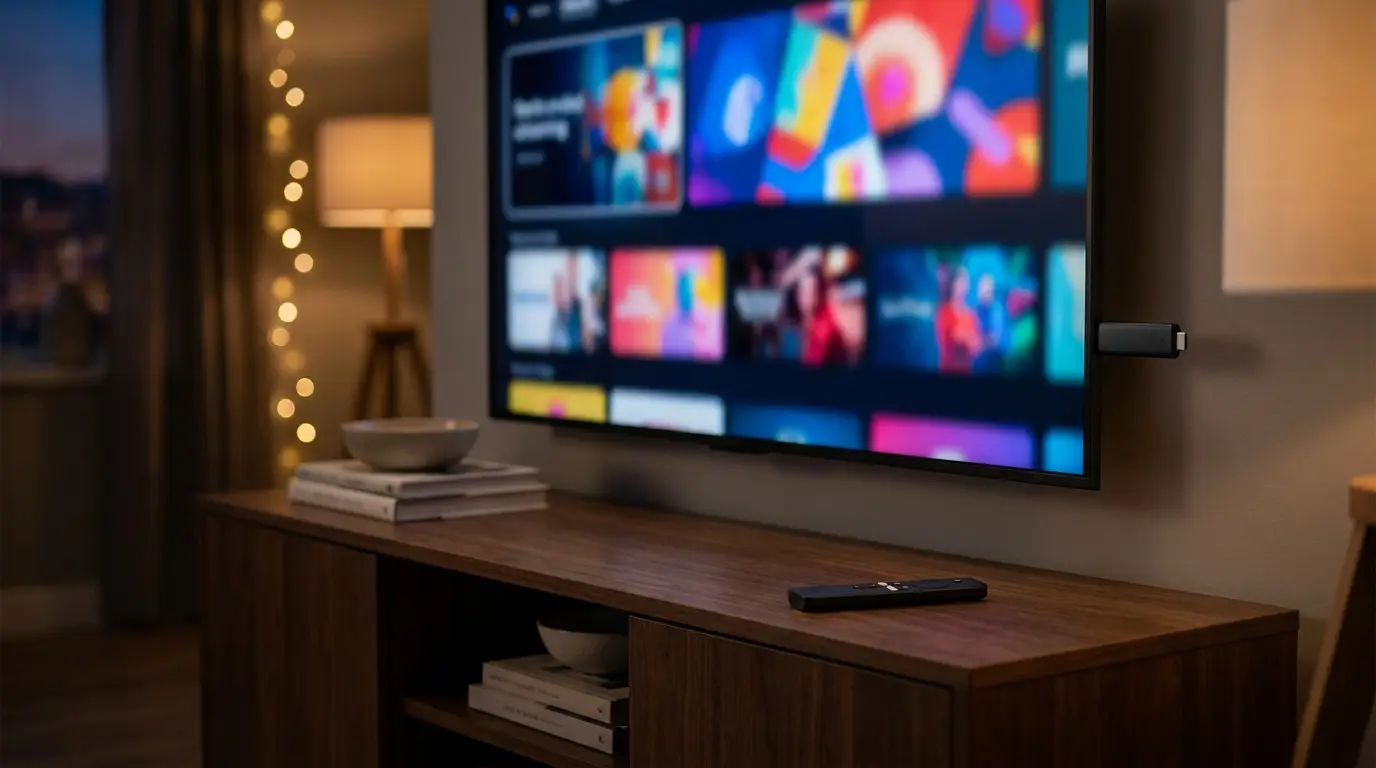An Android TV box and Fire TV Stick showing an IPTV player interface on a living-room television