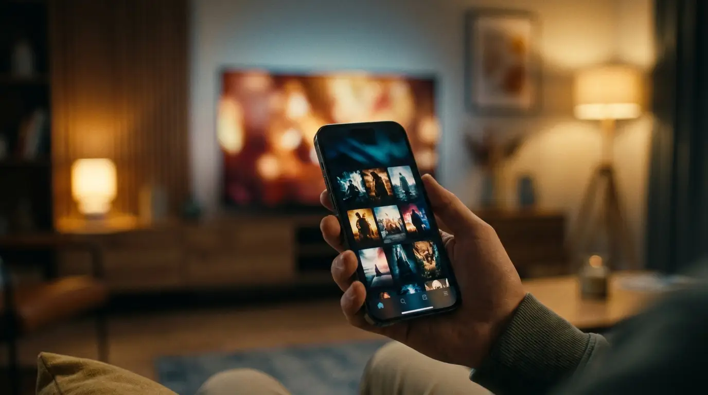 An iPhone and Apple TV showing an IPTV player interface in a living room