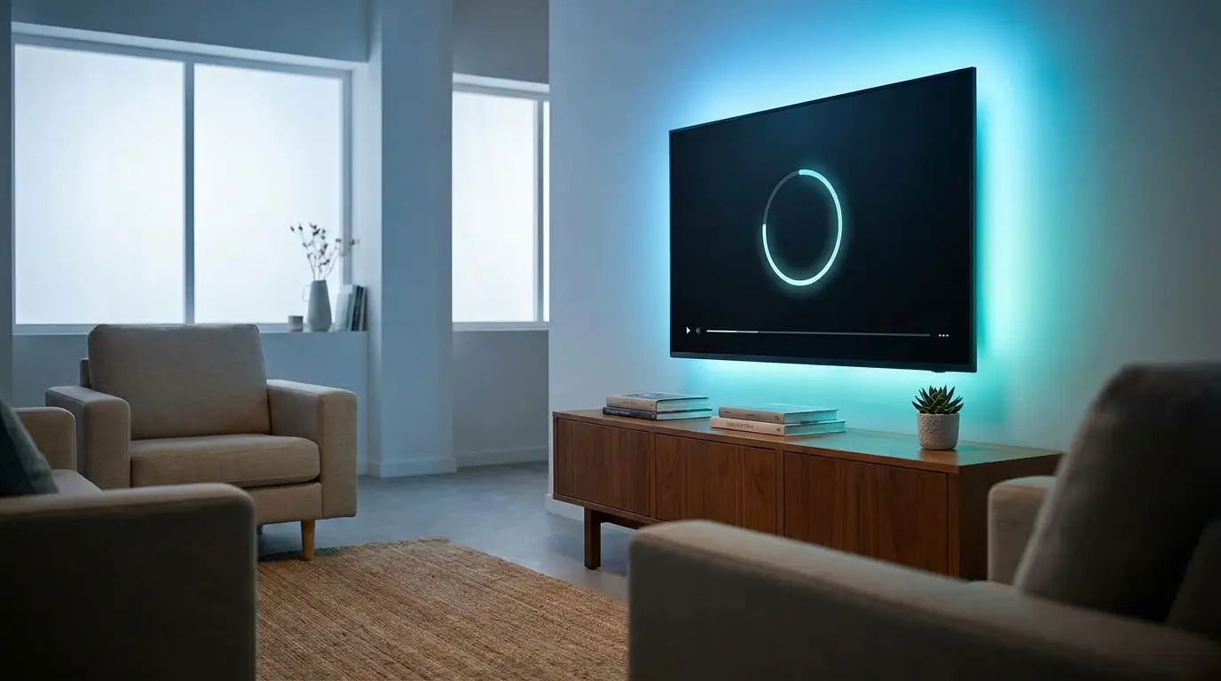 An IPTV player on a smart TV showing a stable stream with a network signal indicator
