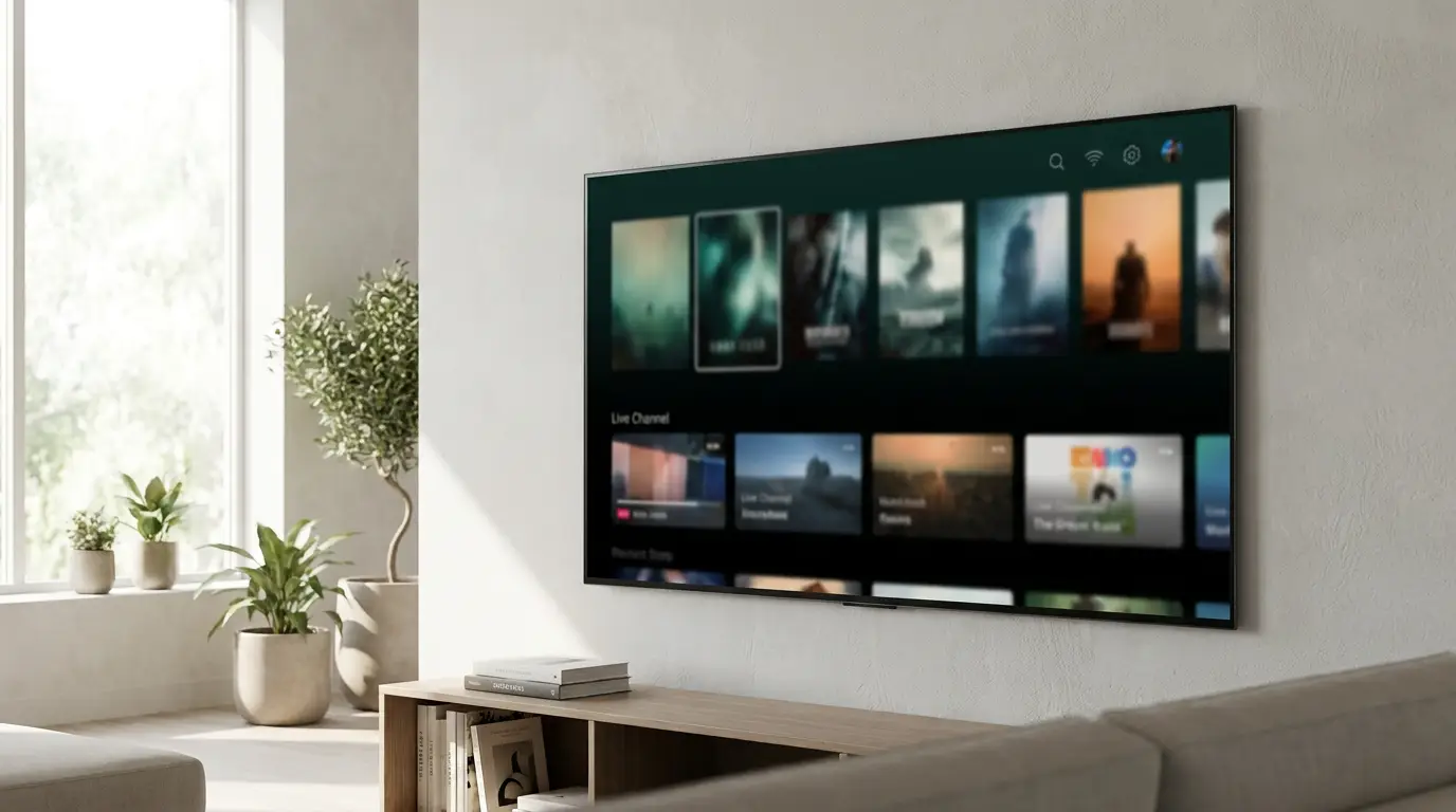 An LG webOS smart TV showing an IPTV player interface in a living room