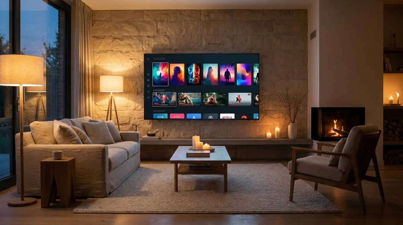 A Samsung smart TV showing an IPTV player interface in a living room